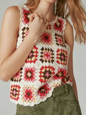 LUCKY BRAND Women’s 100% Cotton Granny Square Crochet Vest Size Small